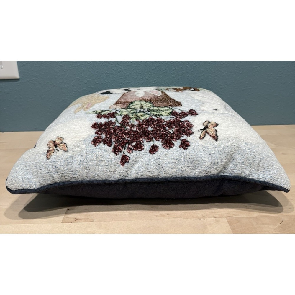Bunny Rabbit Throw Pillow Soft Tapestry Floral Spring Summer Garden 16x16 Blue - Picture 9 of 10